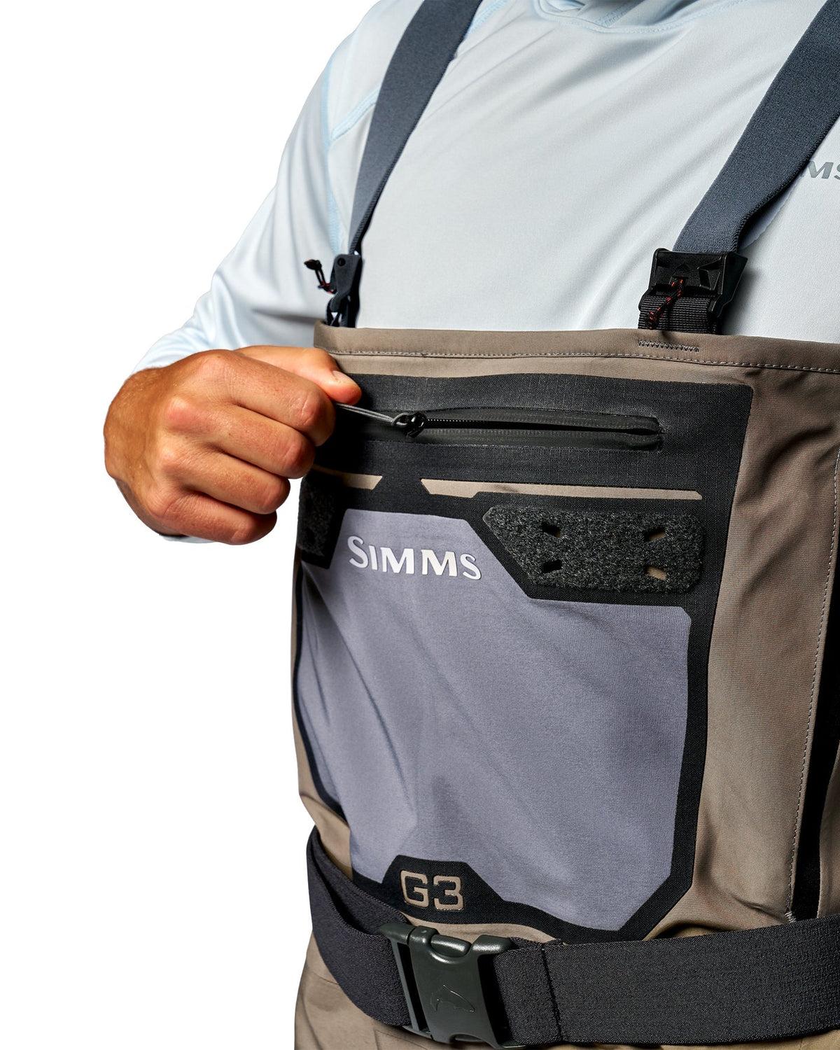 Simms G3 Pro Guide Waders zippered chest storage detail