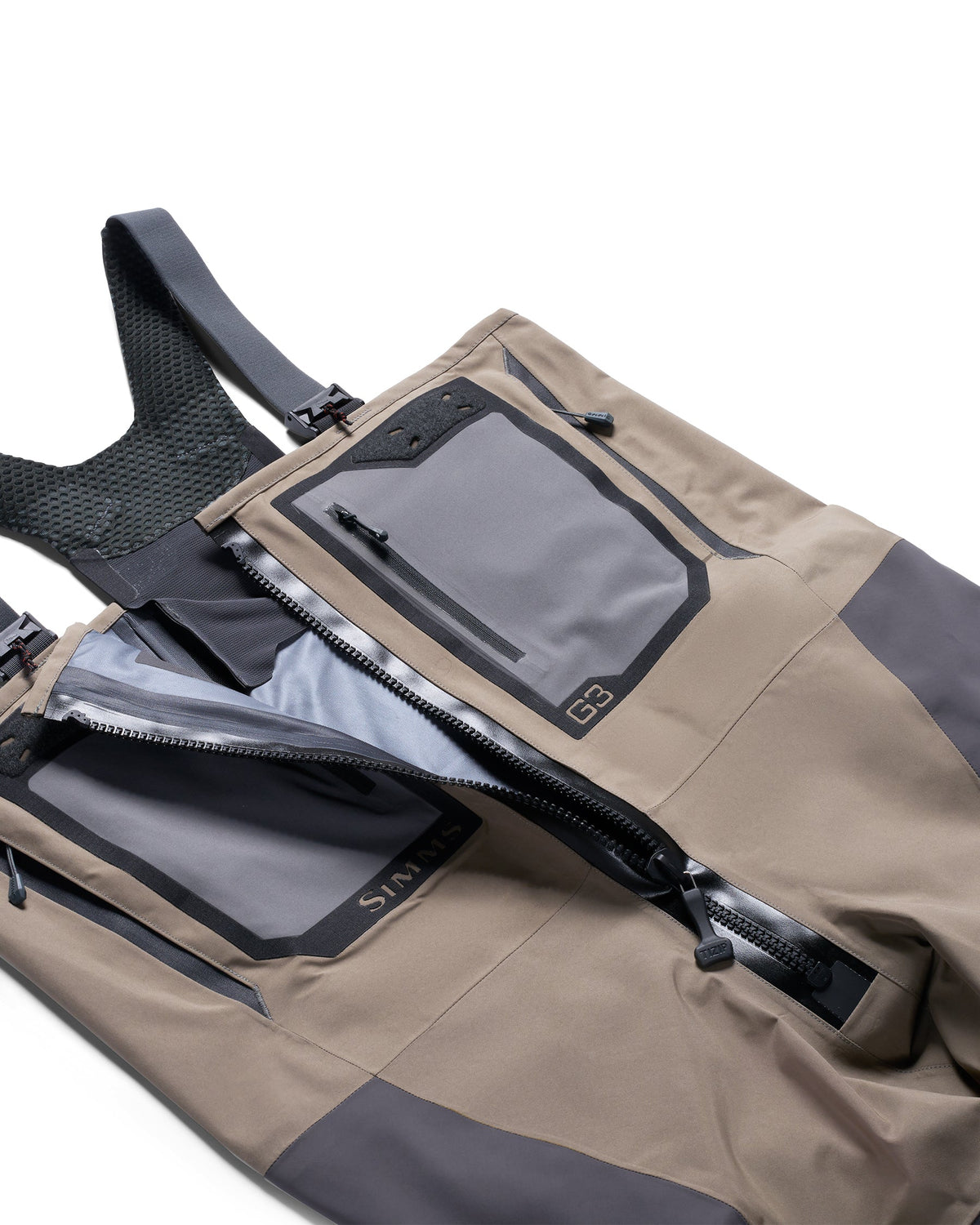 Simms G3Z Pro Stockingfoot Wader - Front chest - Simms | G3 logo with Zipit front main zipper - zippered side pockets