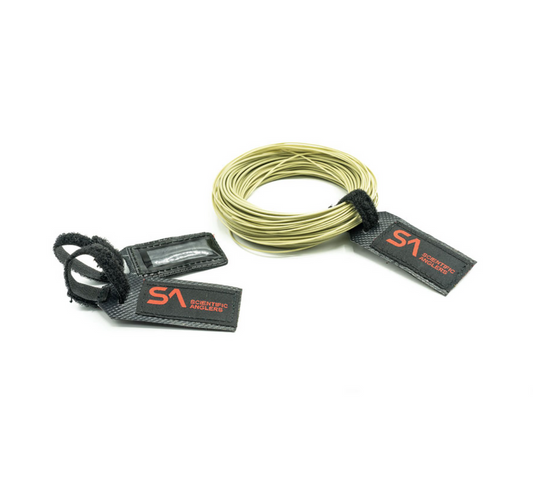 Scientific Anglers Regulator Fly Line ID Tags securing a coiled fly line