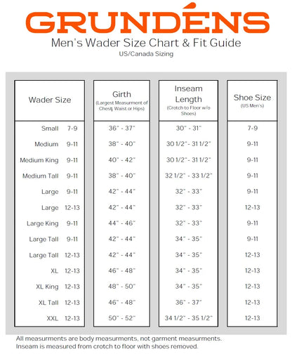 Grundéns men's wader size chart and fit guide 