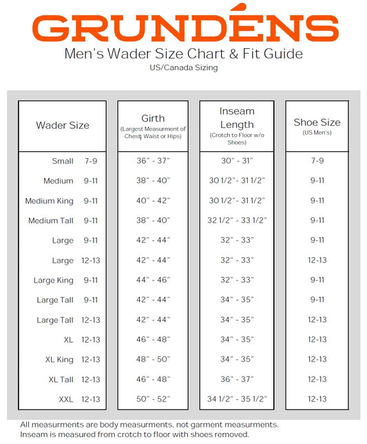 Grundéns men's wader size chart and fit guide 