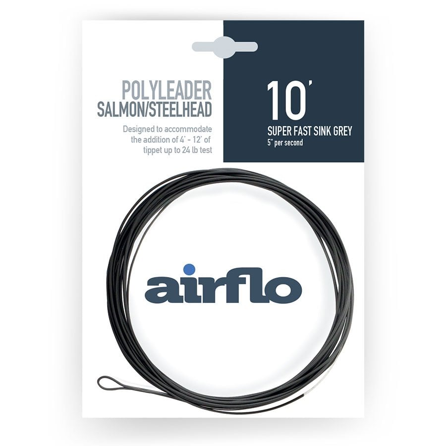 Airflo polyleader 10ft super fast sink grey - light trout packaging with black leader cord on a white background