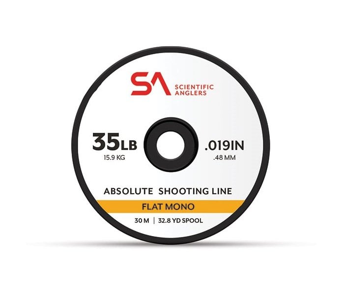 Scientific Anglers Absolute Flat Mono Shooting Line spool showing flat profile and high-vis color