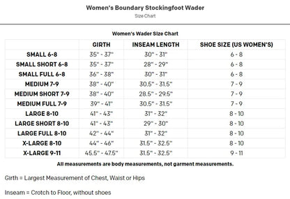 Grundens Women's Boundary Wader Size Chart